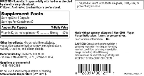 Klaire Labs Vitamin K2-50 Micrograms as Menaquinone-7 MK-7, 60 Capsules, No Soy, Gluten or Dairy