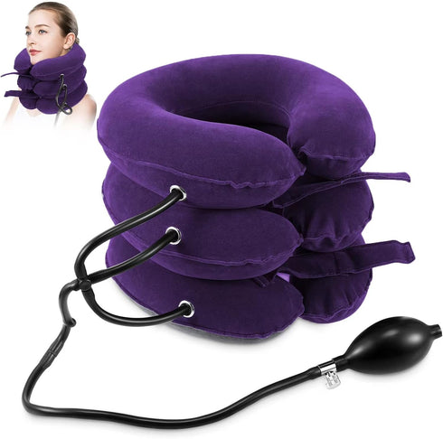 Neck Stretcher, Adjustable Cervical Traction Device for Neck Pain Relief, Inflatable Neck Brace for Home Use (Purple)