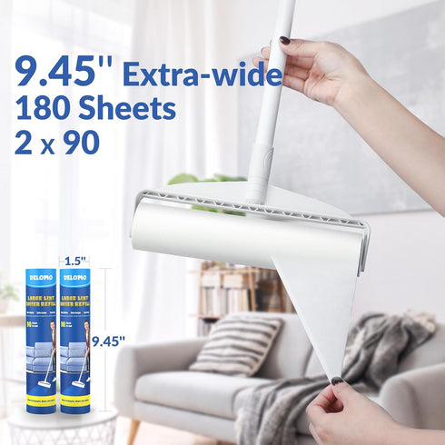 Lint Roller Refills - DELOMO Large Lint Roller Refill (2 Packs 180 Sheets) for Lint Remover, 9.45 in Pet Mega Extreme Stick Refill for Floor Roller, Cleaning for Carpets, Cars, Clothing, and Pet Hair