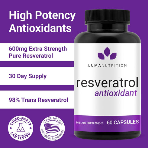 Luma Nutrition High Purity Resveratrol Capsules - 98% Trans-Resveratrol Antioxidant Supplement, USA, 60 Capsules