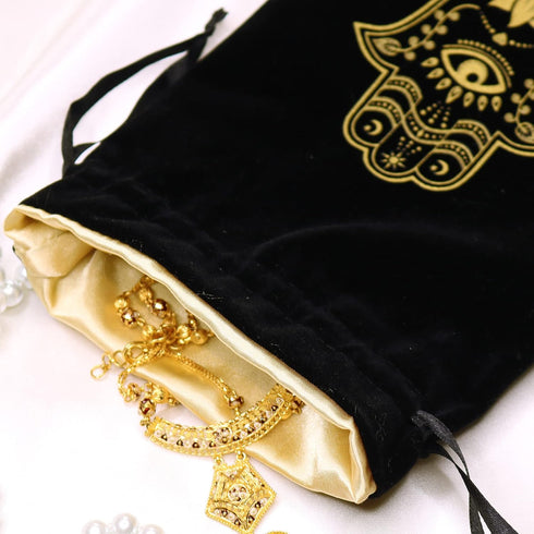 ARTSY CRAFTS 6x9" Hamsa Hand Velvet Jewelry Pouch Gift Bags, Fatima Hand Evil Eye Drawstring Oracle Tarot Bags