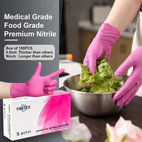 FINITEX Pink Nitrile Disposable Gloves - 3.5mil, 100PCS, Powder Free, Latex Free, Medical Exam, Food Cleaning