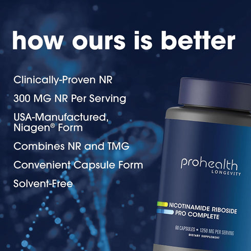 ProHealth Nicotinamide Riboside Pro Complete NAD Supplement, 500mg Niagen NR, Plus 250mg TMG, 30 Servings