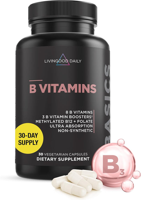 Livingood Daily Vitamin B Complex Capsules - Vegan B-Complex Supplement for Nervous System & Cognitive Health, 30