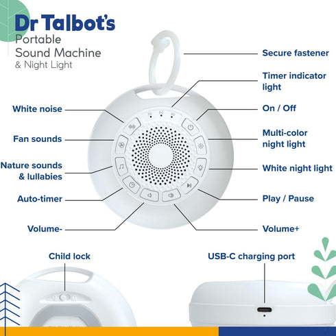 Talbot's 26 7 Dr. Portable Sound Machine & Night Light - White Noise Machine with Battery Operated Night Light for Baby