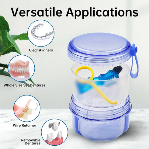 No Leak Partial Denture Case, Retainer Bath Box with Strainer Basket and Brush, Transparent Blue for False Teeth