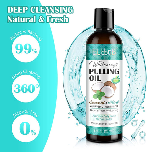 Coconut Pulling Oil, Ayurvedic Mint Oil Pulling Mouthwash with Tongue Scraper, 8 Fl. Oz for Fresh Breath & Healthy Gums