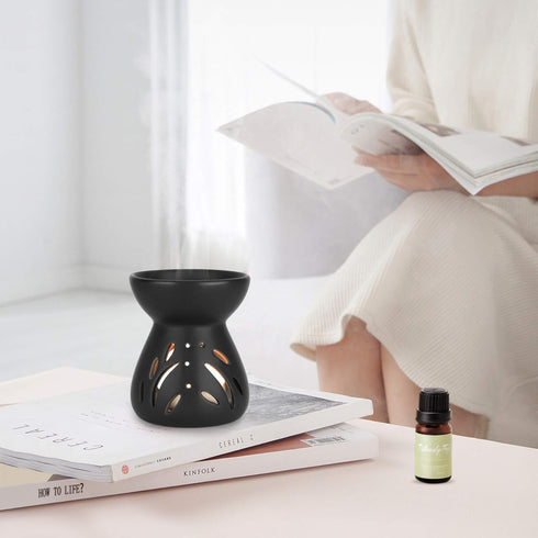 ComSaf Aromatherapy Essential Oil Burner - Set of 1 Ceramic Oil Diffuser Candle Tealight Holder (Black)