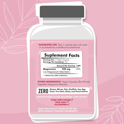 Magnesium Glycinate for Women, 250mg Elemental Per Capsule, 90 Day Supply, Chelated Supplement