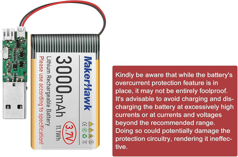 MakerHawk 2PCS 3.7V 3000mAh 103665 JST1.25 1000mA LiPo Battery Rechargeable Plug Lithium Polymer Battery with USB