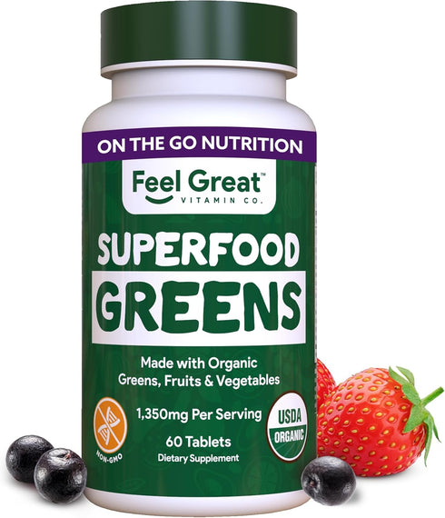 Feel Great Vitamins Super Greens Tablets, Organic Supplement with Kale, 60 Tablets