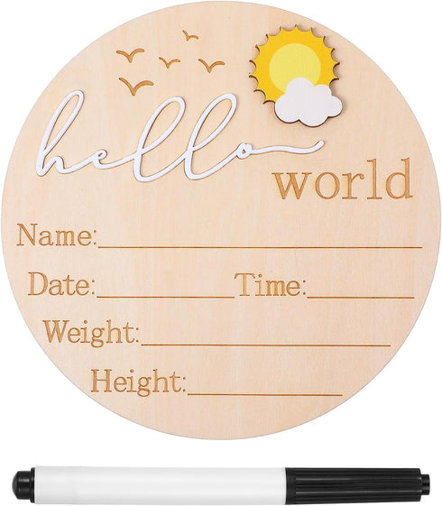 TIESOME Wooden Baby Announcement Sign, 5.9'' Hello World Newborn Announcement Sign, Lovely Babies