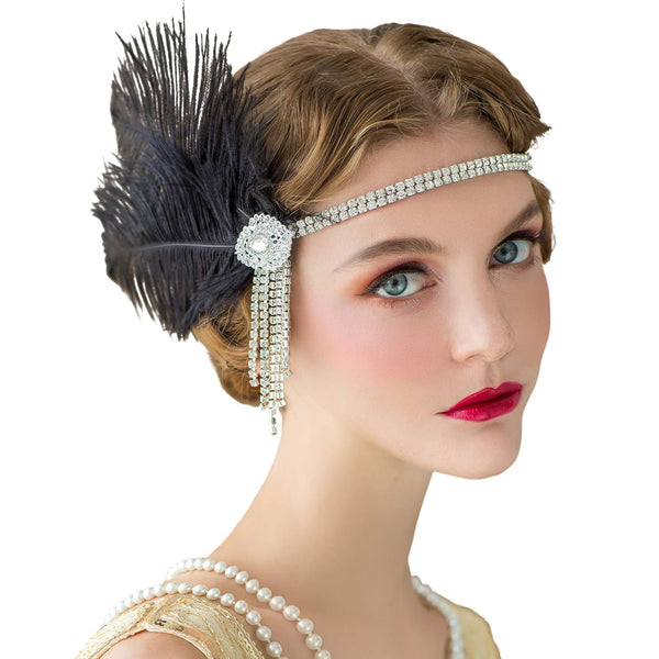 SWEETV Flapper Headbands - Womens 1920s Inspired Feather Headband, Great Gatsby Cocktail Party Rhinestone Hair