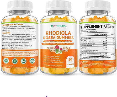 Gummies 60 Count Rhodiola Rosea for Adults & Kids-Adaptogenic Herb-Daily Wellness, Emotions, Slumber Support