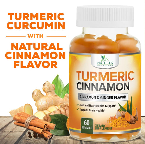 Turmeric Curcumin Gummies with Cinnamon & Ginger, 60 Vegan Non-GMO Capsules for Joint Support