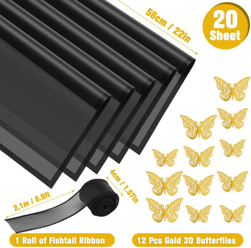 ROADPLUM 20 Sheet Black Flower Wrapping Paper, Bouquet Wrap Kit with 12 Butterflies and 1 Ribbon