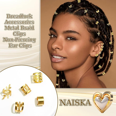 NAISKA 50Pcs Gold Hair Jewelry - Adjustable Hair Rings and Non-Piercing Ear Cuffs for Women and Men