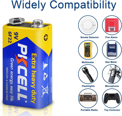 PKCELL 9V Carbon Zinc Battery for Smoke Detectors, Ultra Long-Lasting 6F22 Battery.