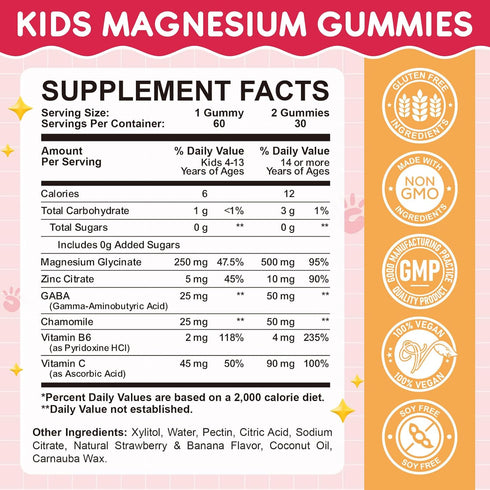 Gummies B6 60 Count Magnesium Glycinate for Kids: Calm Magnesium Supplement for Kids & Adults with Zinc Citrate, GABA