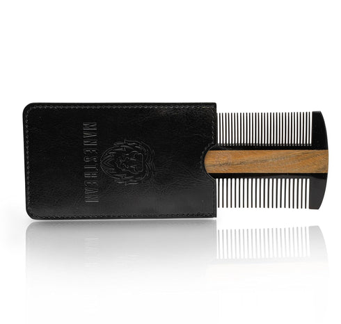 Premium Dual-Action Beard Comb, Natural Ox Horn and Sandalwood, Double Sided with Black Protective Case, Perfect