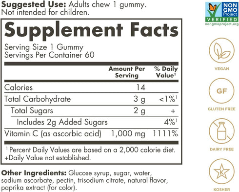 Solgar Vitamin C Gummies for Adults 1,000mg Ultra Potency Vitamin C Immune System Support for Women & Men - Tasty Tart Orange Flavor, Vegan & Gluten Free Gummy, 2 Month Supply, 60 Servings, 2g Sugar
