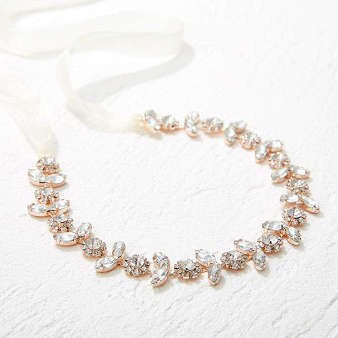 SWEETV Rose Gold Flower Girl Headband, Princess Crystal Floral Hair Accessories for Birthday