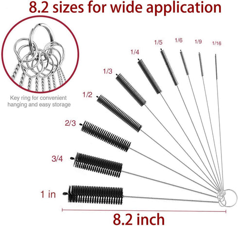 Long Straw Brush, Nylon Pipe Tube Cleaner Set of 10 with 8.2-inch Length and 10 Different Diameters