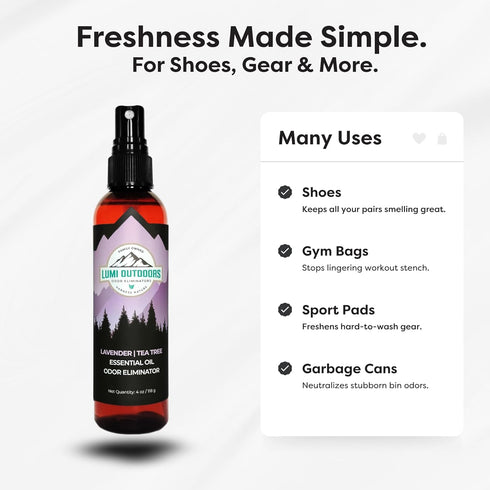 Lumi Outdoors Natural Shoe Deodorizer Spray & Odor Eliminator - Lavender Tea Tree Essential Oil