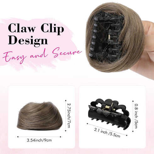 REECHO 2 PCS Mini Claw Clip Hair Bun Extensions in Messy & Cat Ears for Women Girls, 3" Straight, Ash Light Brown