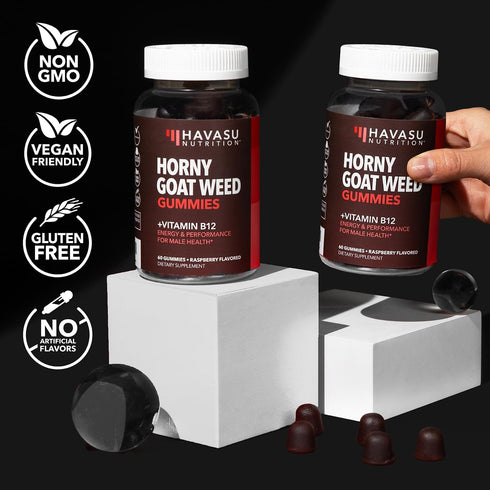 Horny Goat Weed Gummies with Vitamin B12, 60 Raspberry Vegan Gummies, Energy, Endurance & Performance Support
