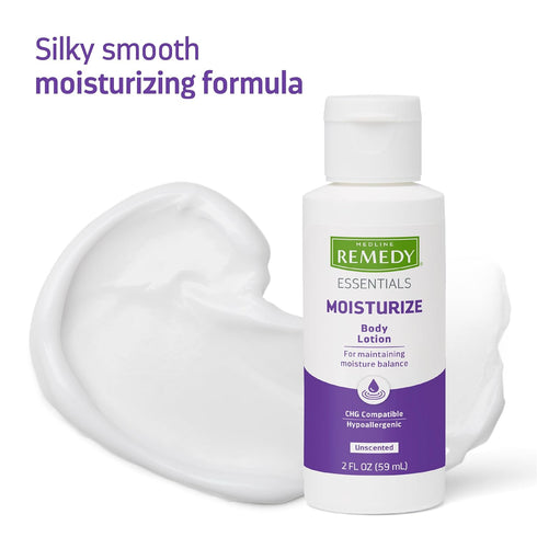 Medline Remedy Essentials Moisturizing Body Lotion, Unscented, Travel-Size, 2 oz Bottle, Non-Greasy, Hypoallergenic