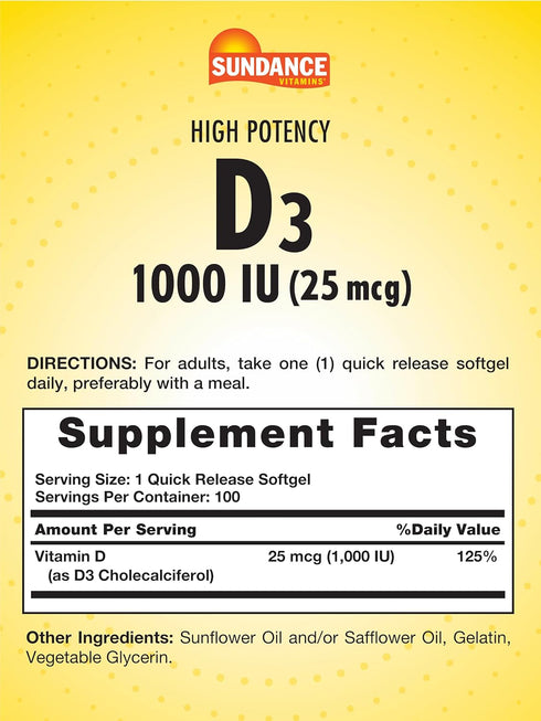 Sundance Vitamin D3 | 1000iu | 100 Softgels | High Potency Formula | Non-GMO and Gluten Free Supplement
