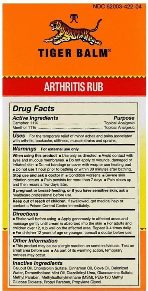 Arthritis Rub by Tiger Balm, 4 oz. – Sore Muscle and Joint Relief Cream, 2 Pack