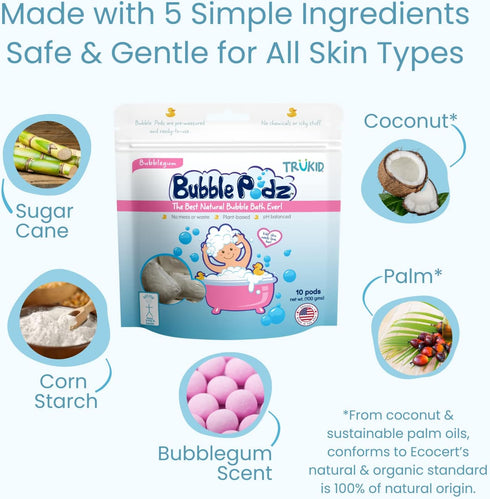 TruKid Bubble Podz Bubble Bath for Baby & Kids, Gentle Bath Bomb for Sensitive Skin, Bubble Gum (10 Podz)