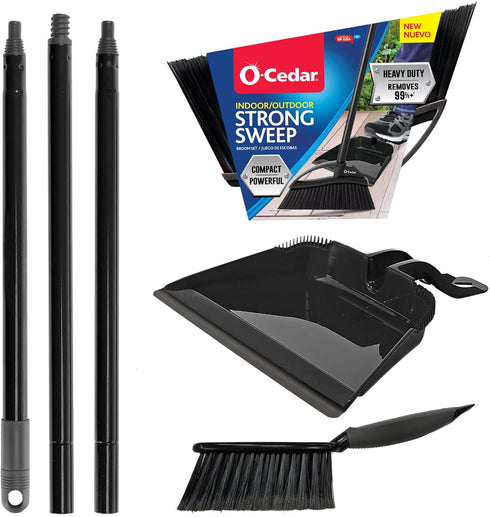 Set O-Cedar Strong Sweep Broom and Dustpan with Detail Brush | Indoor Outdoor Heavy Duty Stiff Bristle Broom | Step-On