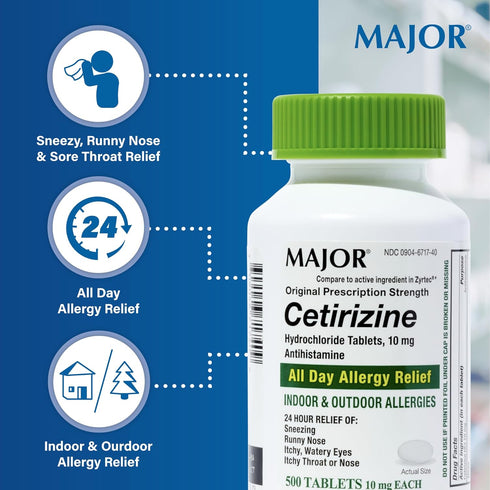 MAJOR Cetirizine Hydrochloride Tablets 10 mg, Antihistamine for Allergies, 24-Hour Relief, 500 Count
