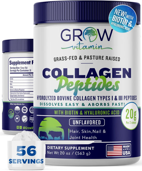 Collagen Peptides Powder 20g with Hyaluronic Acid & Biotin, Unflavored Grass Fed Collagen Powder for Hair, Nail, Skin &