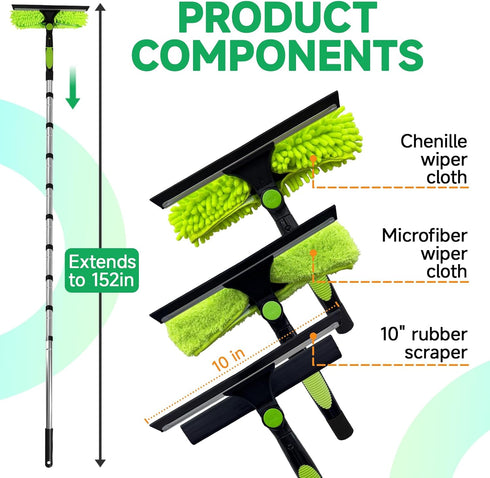 LILISPAI 152" 2-in-1 Professional Window Squeegee Cleaner Tool with Extension Pole, Squeegee for Window Cleaning Kit