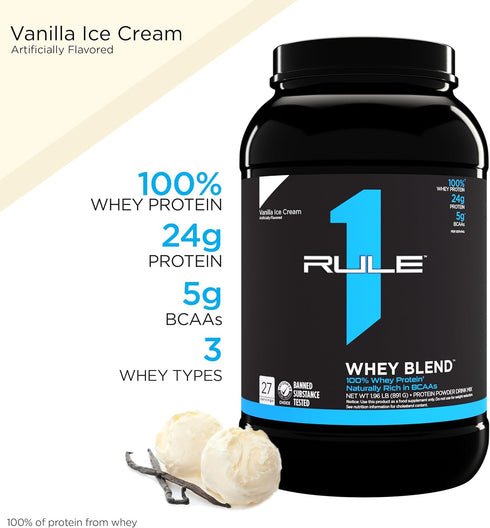Rule 1 R1 Whey Blend, Vanilla Ice Cream, 1.96 lbs Powder, 24g Whey Concentrates, 27 Servings