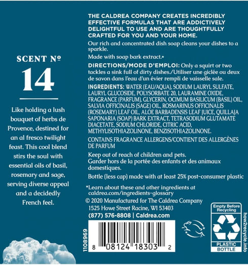 Caldrea Dish Soap, Biodegradable Dishwashing Liquid, Basil Blue Sage Scent, 16 oz