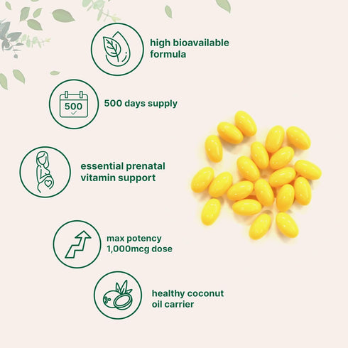 Folic Acid 1,000 mcg, 500 Coconut Oil Softgels (1mg) | Essential Prenatal Vitamins (Vitamin B9) | Non-GMO, Gluten Free