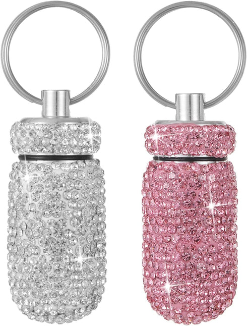 Bling Pill Case, Portable Travel Container with Rhinestone, Waterproof Small Holder with Keychain for Outdoor Camping