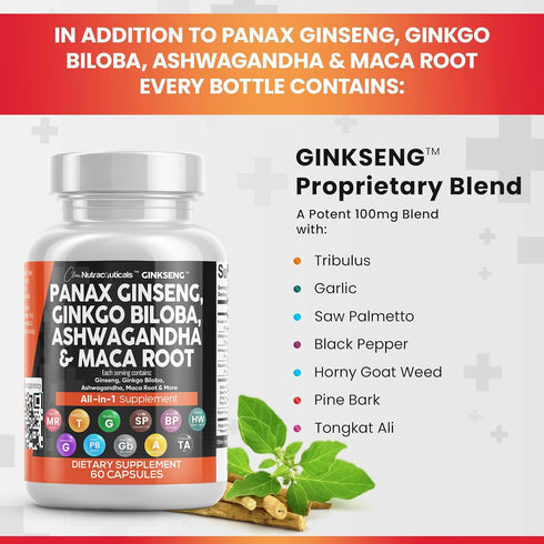 Clean Nutraceuticals Panax Ginseng 10000mg, Ginkgo Biloba 4000mg, Ashwagandha, Maca Root 3000mg - Focus Supplement