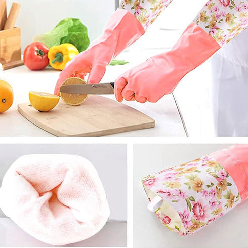 KINGFINGER 2 Pairs Reusable Dishwashing Gloves, PVC Waterproof Long Cuff Household Cleaning Gloves, Large