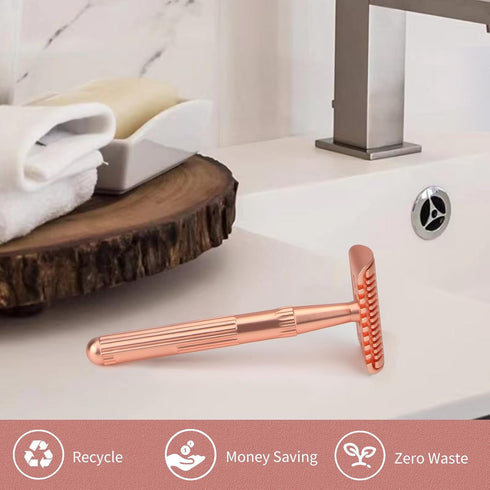 Rose Gold Safety Razor for Women and Men, Single Blade Metal Razors with 10 Double Edge Blades, Open Comb Razor