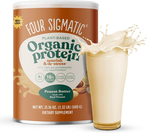 Four Sigmatic Organic Plant-Based Protein Powder, Peanut Butter Flavor, Clean Vegan Protein, 21.16 oz