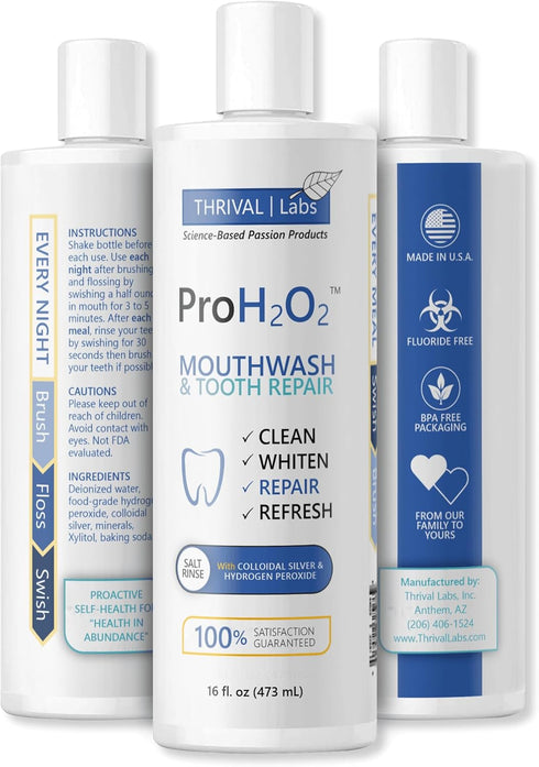 ProH2O2 Natural Mouthwash and Salt Swish by Thrival Labs - 16 Fluid Ounces with Press Top Dispensing