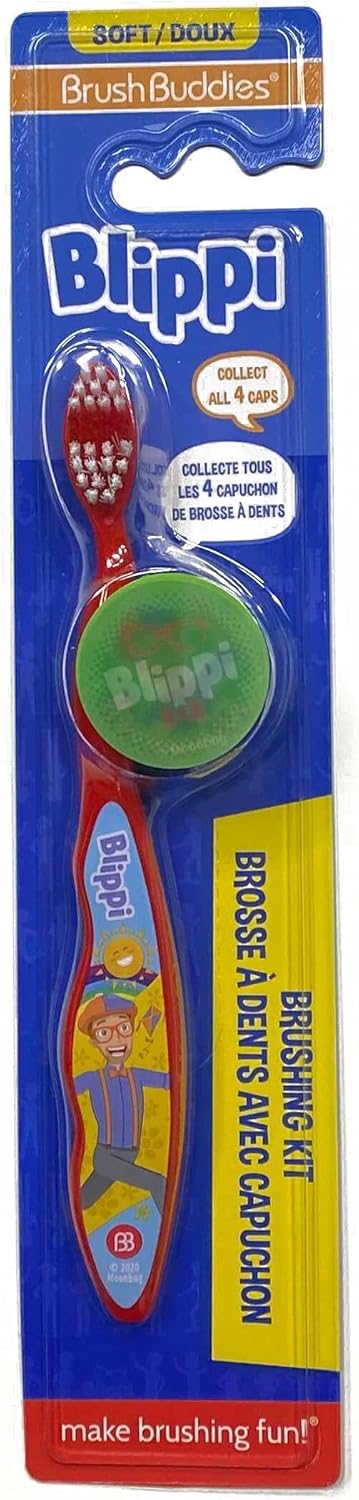 Brush Buddies Blippi Toothbrush with Travel Cap, Soft Bristle Toothbrushes for Kids, 2PC