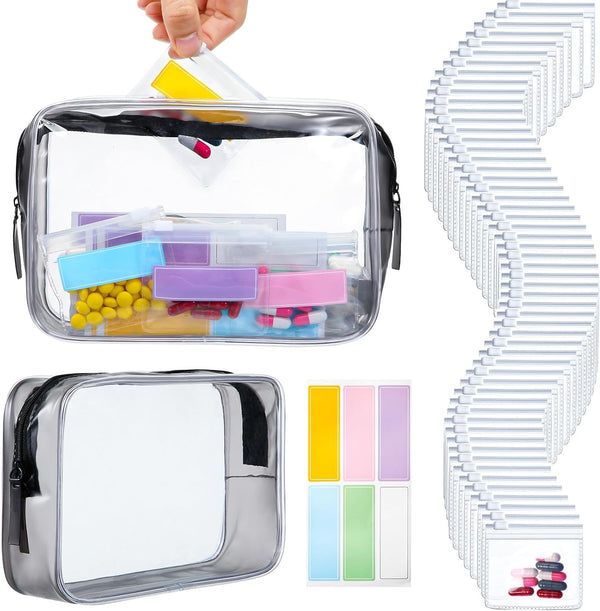 Meanplan 50 Pcs Reusable Pill Pouches, Clear Zippered Pill Bag, Transparent PVC Toiletry Carry Pouch, Travel Organizer