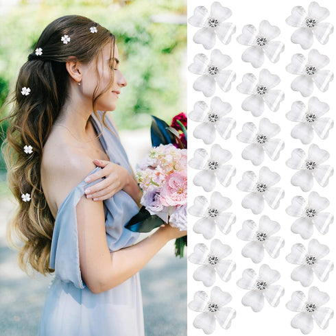 YISSION 20Pcs Mini White Flower Hair Clips with Rhinestone, Cute Decorative Hair Barrettes